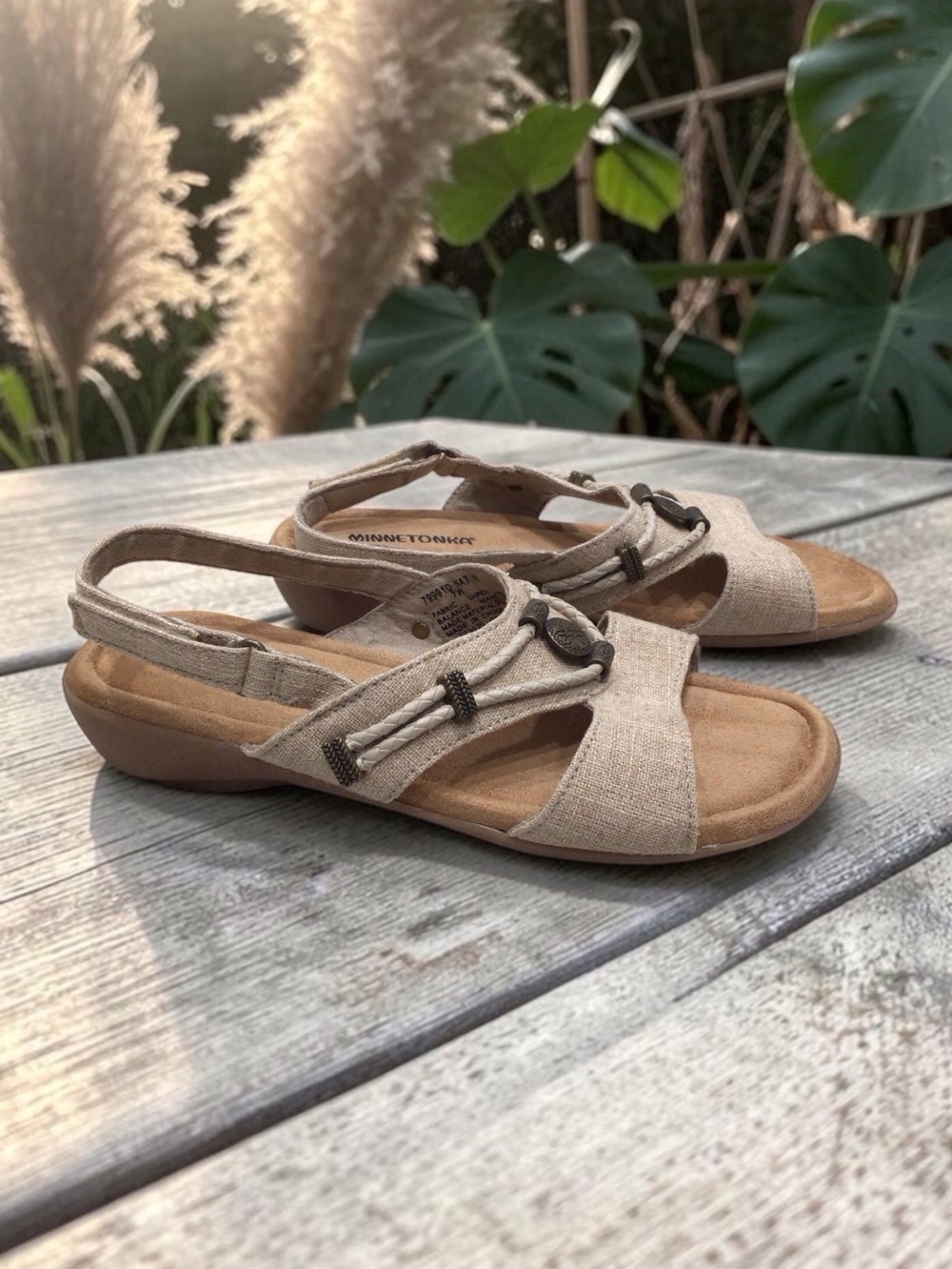 Minnetonka Silvie Slingback Sandals Womens 7W Beige Braided Comfort Boho Shoes